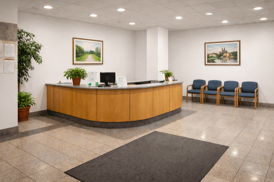 Empfangsbereich mit Theke und Sitzbereich bei Webdesign in Frankfurt